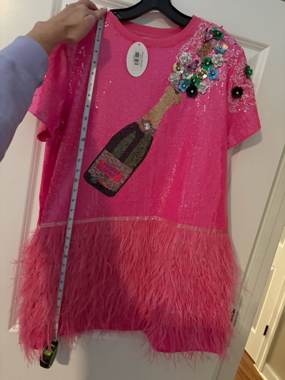 QUEEN OF SPARKLES Hot Pink Sequin Mini Dress with Multicolor Embellished Bottle - Picture 6 of 6